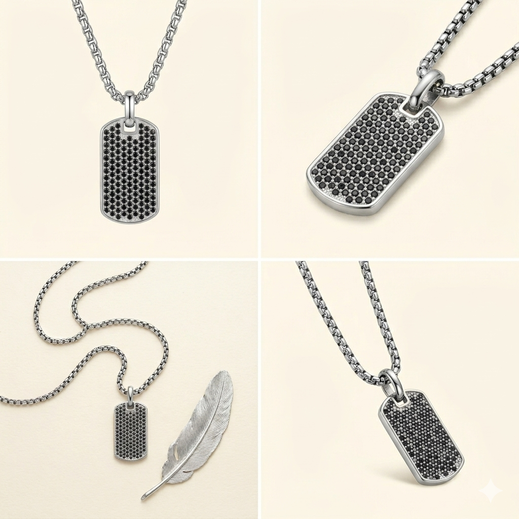 Silver Pavé Dog Tag Necklace 18 in. – 925 Sterling Silver Plated Tarnish