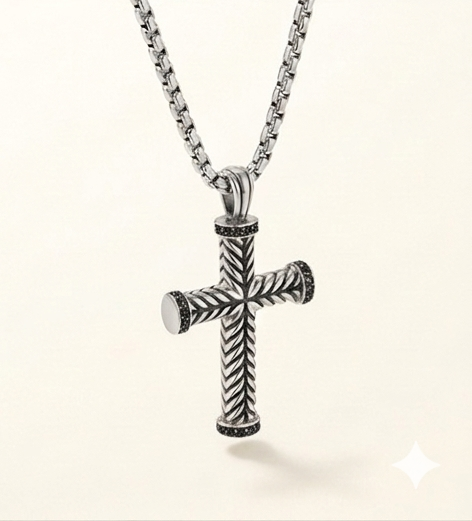 Silver Rope Cross with Black Zirconia's Necklace 18 in. – Tarnish-Free Pendant