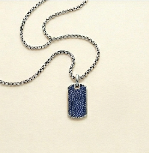 Blue Pavé Dog Tag Necklace 18 in. – 925 Sterling Silver Gold Plated Tarnish-Free Pendant Necklace