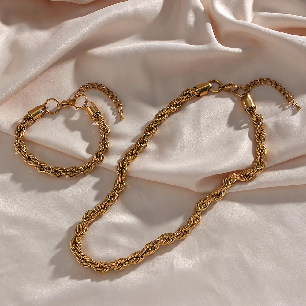 Gold Layered Rope Chain Set: Women's 18K Gold Plated Stainless Steel Necklace or Bracelet (Tarnish-Free) | IceBoyDC