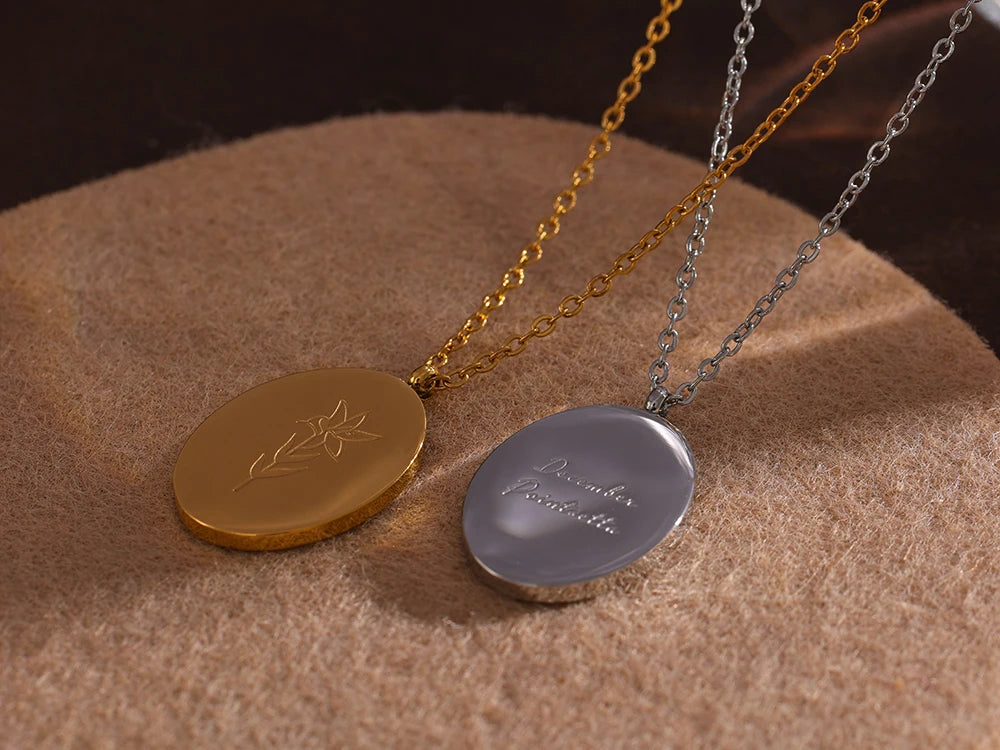 IceboyDC 14K Gold Plated Oval Birth Flower Necklace ( 18 in. )Waterproof