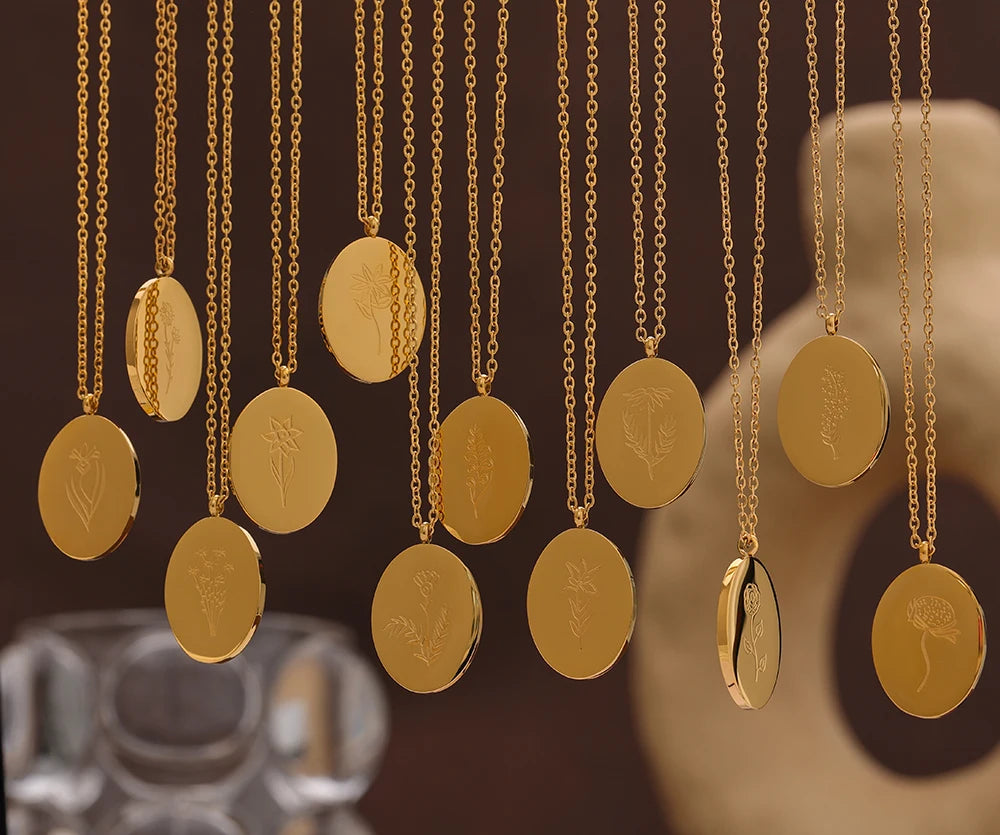 IceboyDC 14K Gold Plated Oval Birth Flower Necklace ( 18 in. )Waterproof