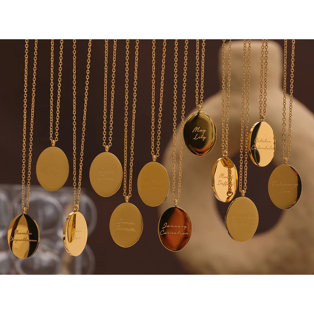 IceboyDC 14K Gold Plated Oval Birth Flower Necklace ( 18 in. )Waterproof
