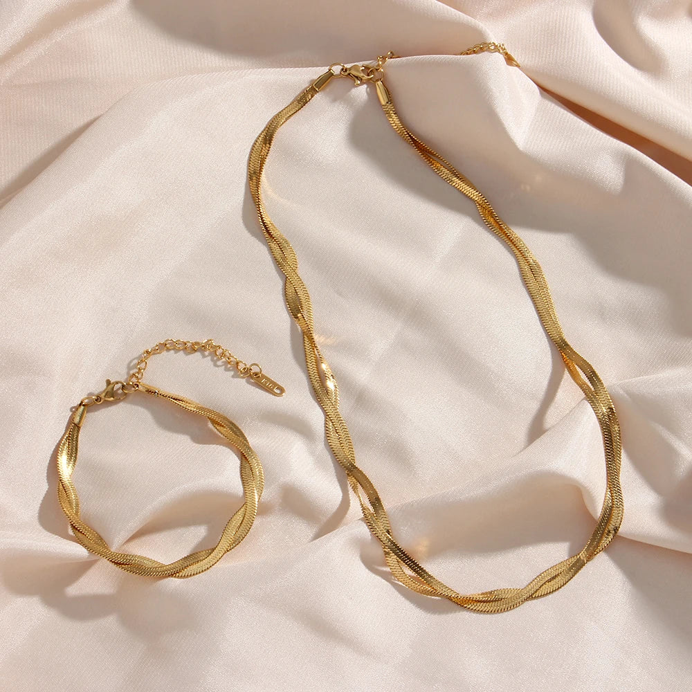 The Hypoallergenic Tarnish-Free Braided Herringbone Necklace & Bracelet Set