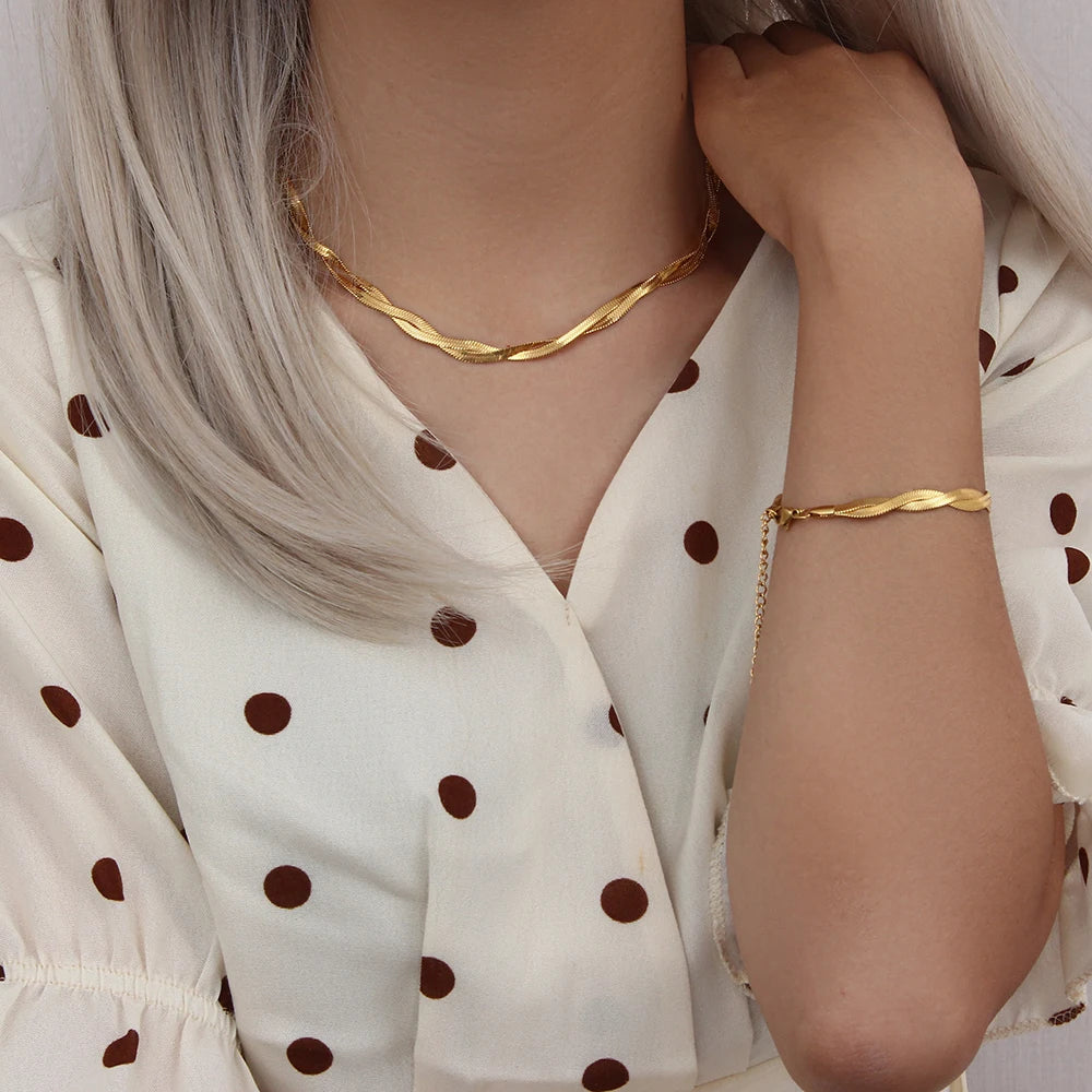 The Hypoallergenic Tarnish-Free Braided Herringbone Necklace & Bracelet Set