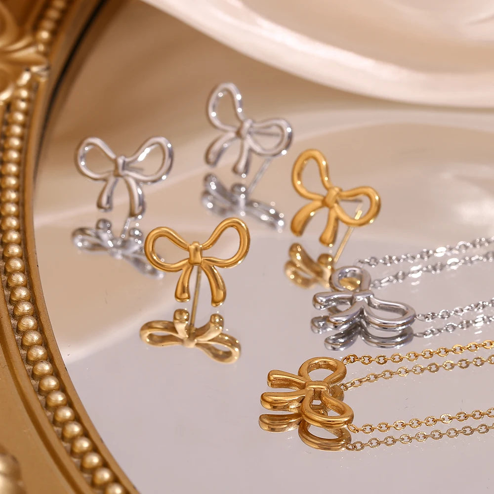 Tarnish Free 18K Gold Plated Simple Bow Earrings & Necklace Set