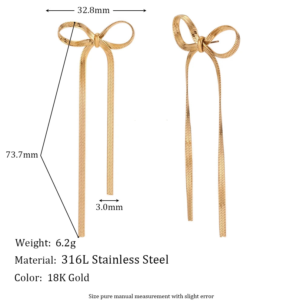 Dangly Blade Chain Bow Drop Earrings | Tarnish-Free 18K Gold Plated
