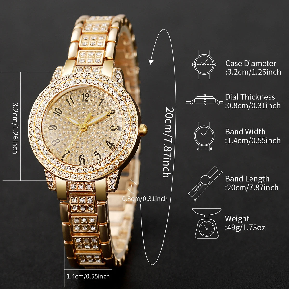 6PCS Fashion Full Diamond Women's Watch Gold Steel Band Analog Quartz Watches Jewelry Set(Without Box)