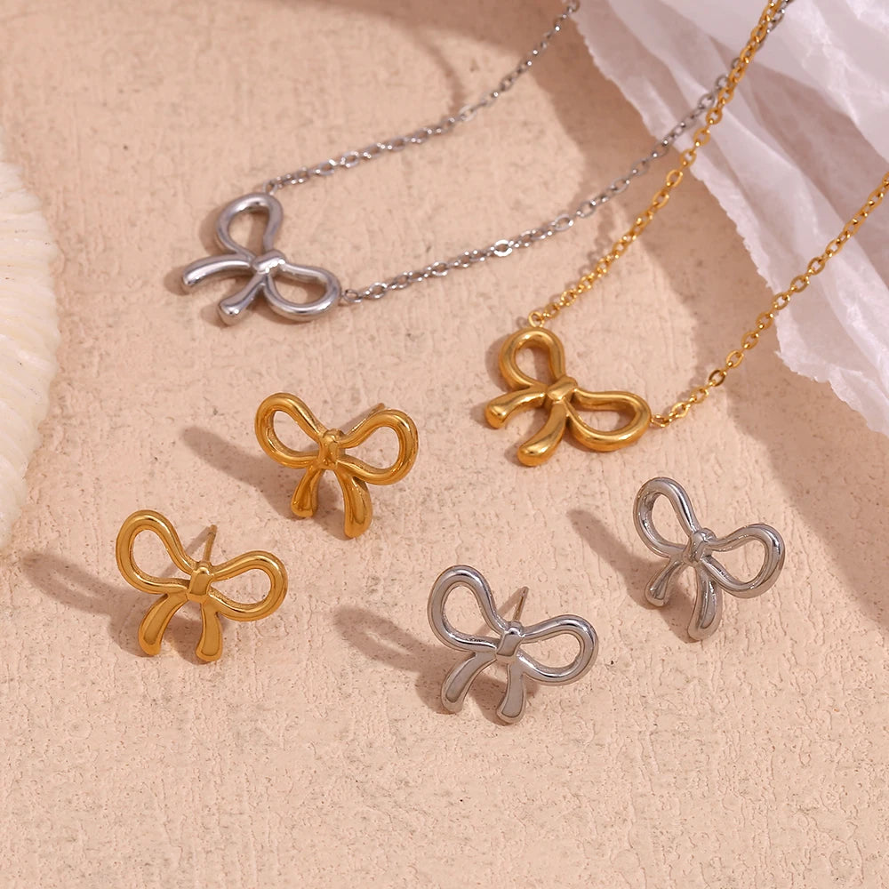 Tarnish Free 18K Gold Plated Simple Bow Earrings & Necklace Set