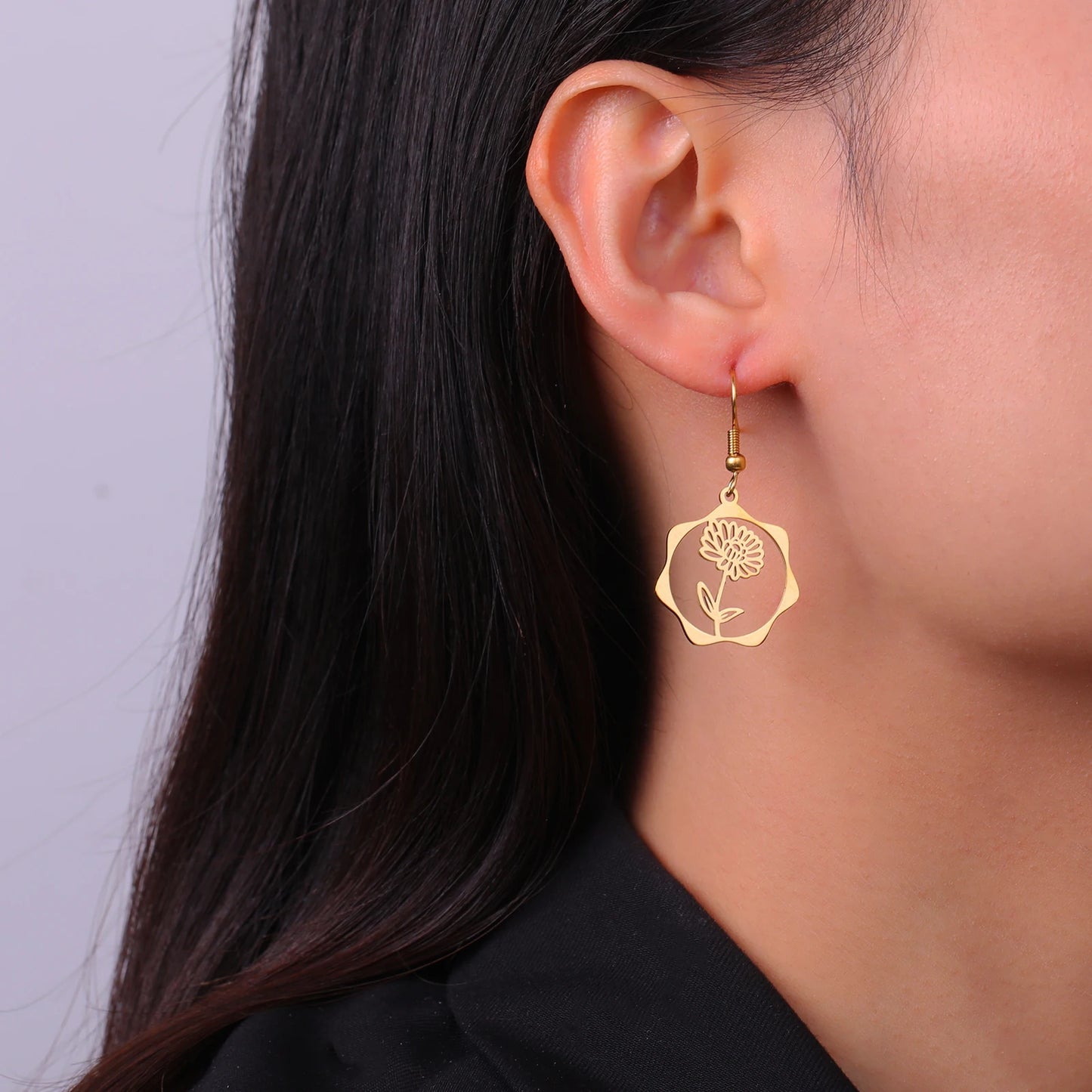 IceBoyDCTarnish-Resistant Birth Flower Dangle Earrings (Gold)