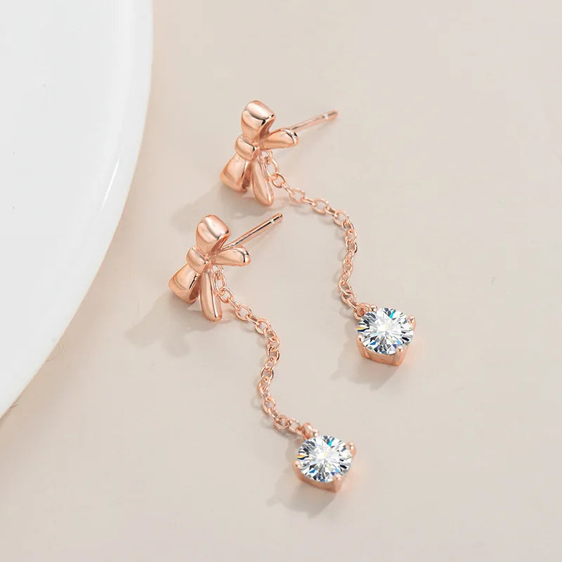 Bow Tassel Pendant Earrings - 0.5 Carat D Color Moissanite - Rose Gold-Plated Studs - Non-Fading Luxury Jewelry for Women - IceBoyDC Collection