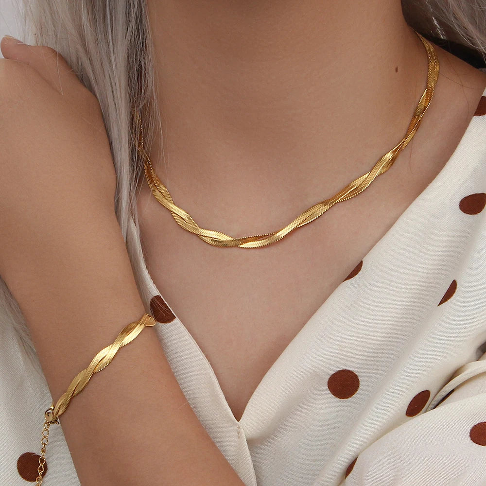 The Hypoallergenic Tarnish-Free Braided Herringbone Necklace & Bracelet Set