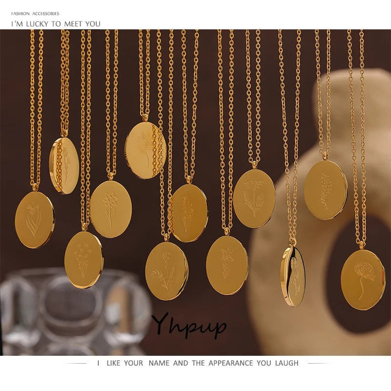 IceboyDC 14K Gold Plated Oval Birth Flower Necklace ( 18 in. )Waterproof