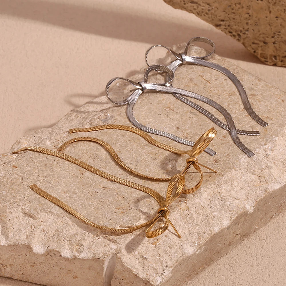 Dangly Blade Chain Bow Drop Earrings | Tarnish-Free 18K Gold Plated