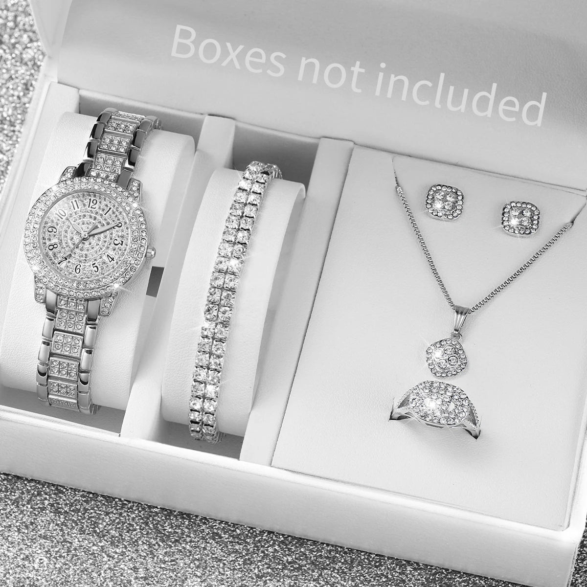 6PCS Fashion Full Diamond Women's Watch Gold Steel Band Analog Quartz Watches Jewelry Set(Without Box)