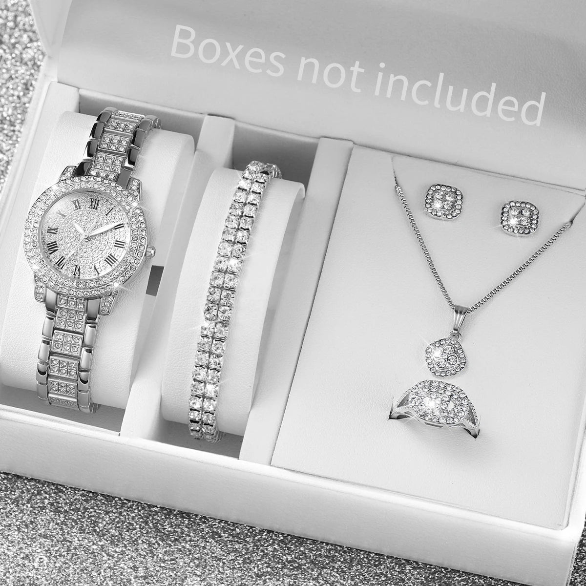 6PCS Fashion Full Diamond Women's Watch Gold Steel Band Analog Quartz Watches Jewelry Set(Without Box)