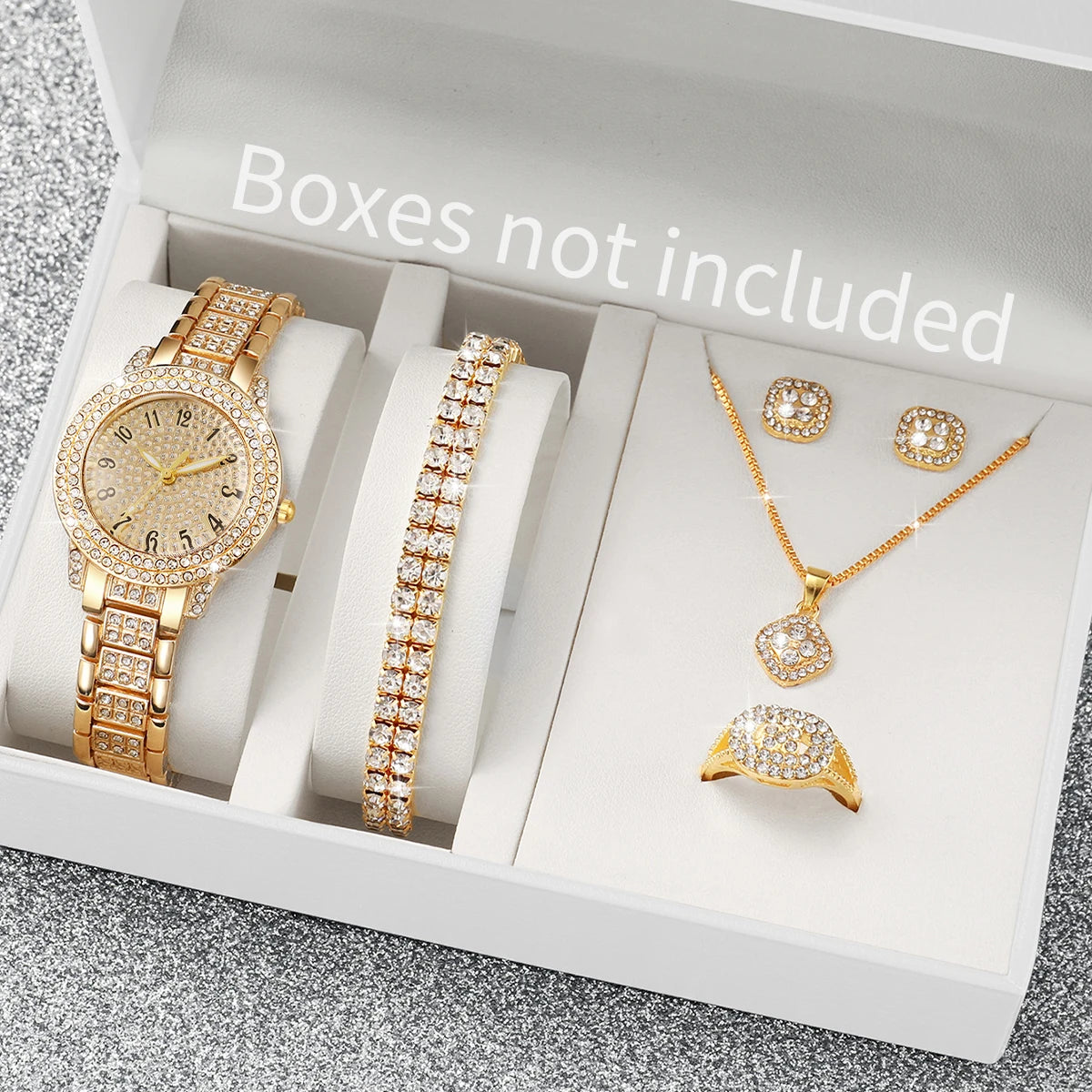 6PCS Fashion Full Diamond Women's Watch Gold Steel Band Analog Quartz Watches Jewelry Set(Without Box)