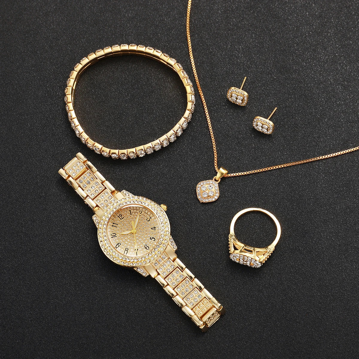 6PCS Fashion Full Diamond Women's Watch Gold Steel Band Analog Quartz Watches Jewelry Set(Without Box)