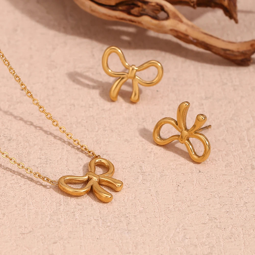 Tarnish Free 18K Gold Plated Simple Bow Earrings & Necklace Set