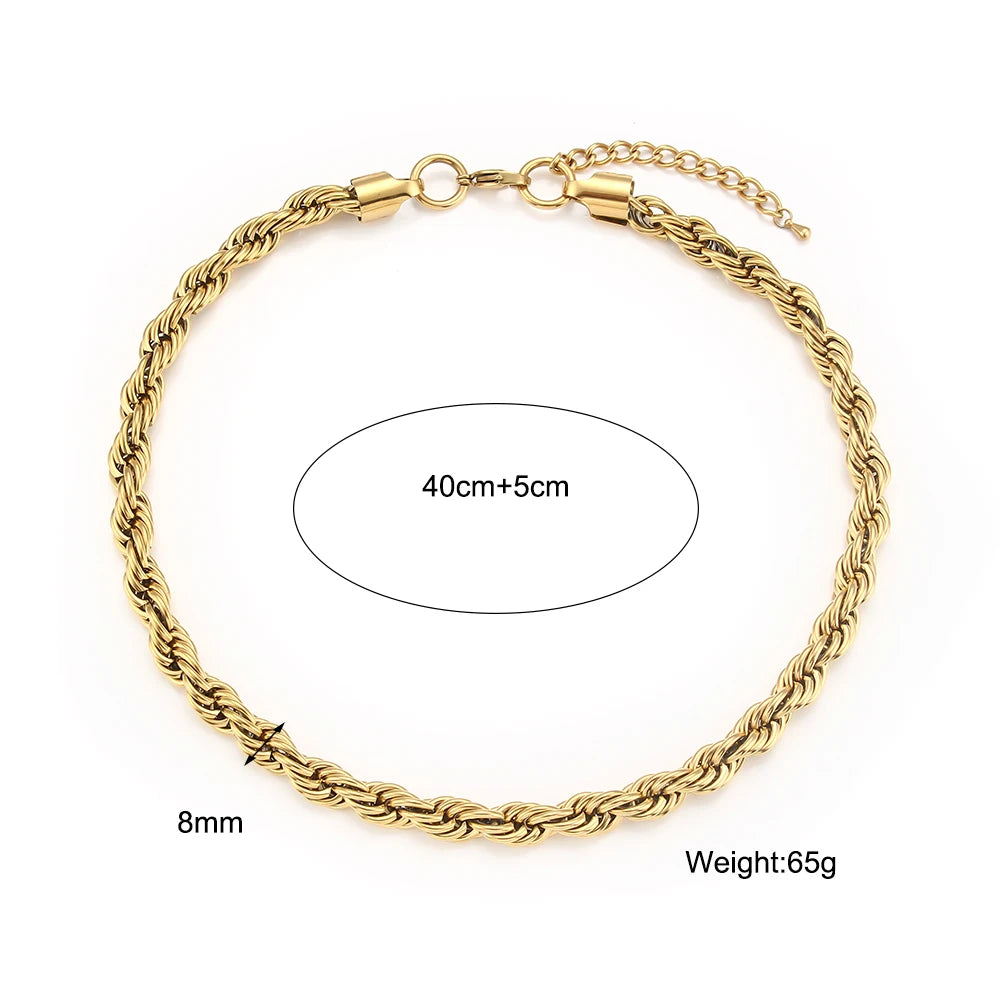 Tarnish Free Stainless Steel 18K Gold Plated Women's 8mm Chunky Gold Rope Chain Necklace and Bracelet