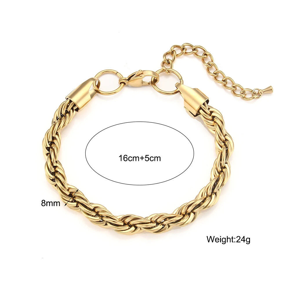 Tarnish Free Stainless Steel 18K Gold Plated Women's 8mm Chunky Gold Rope Chain Necklace and Bracelet