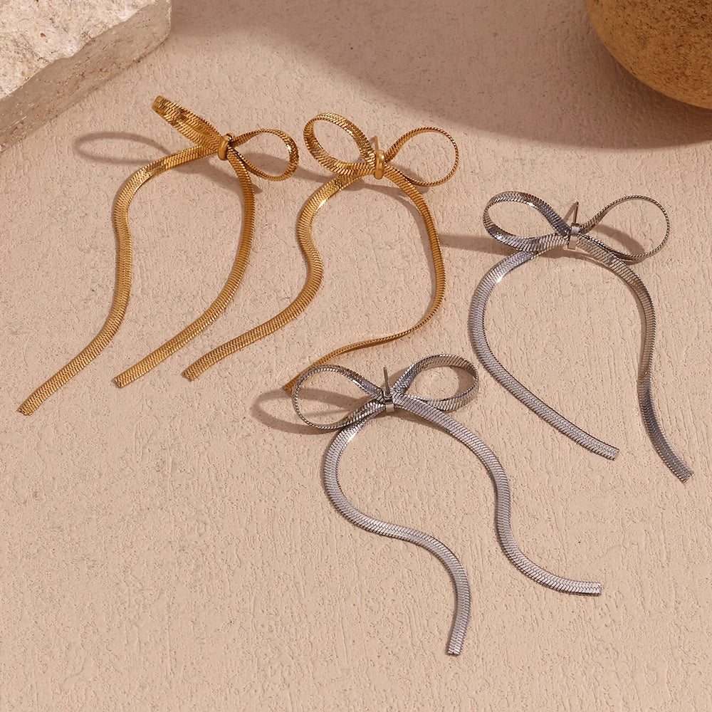 Dangly Blade Chain Bow Drop Earrings | Tarnish-Free 18K Gold Plated