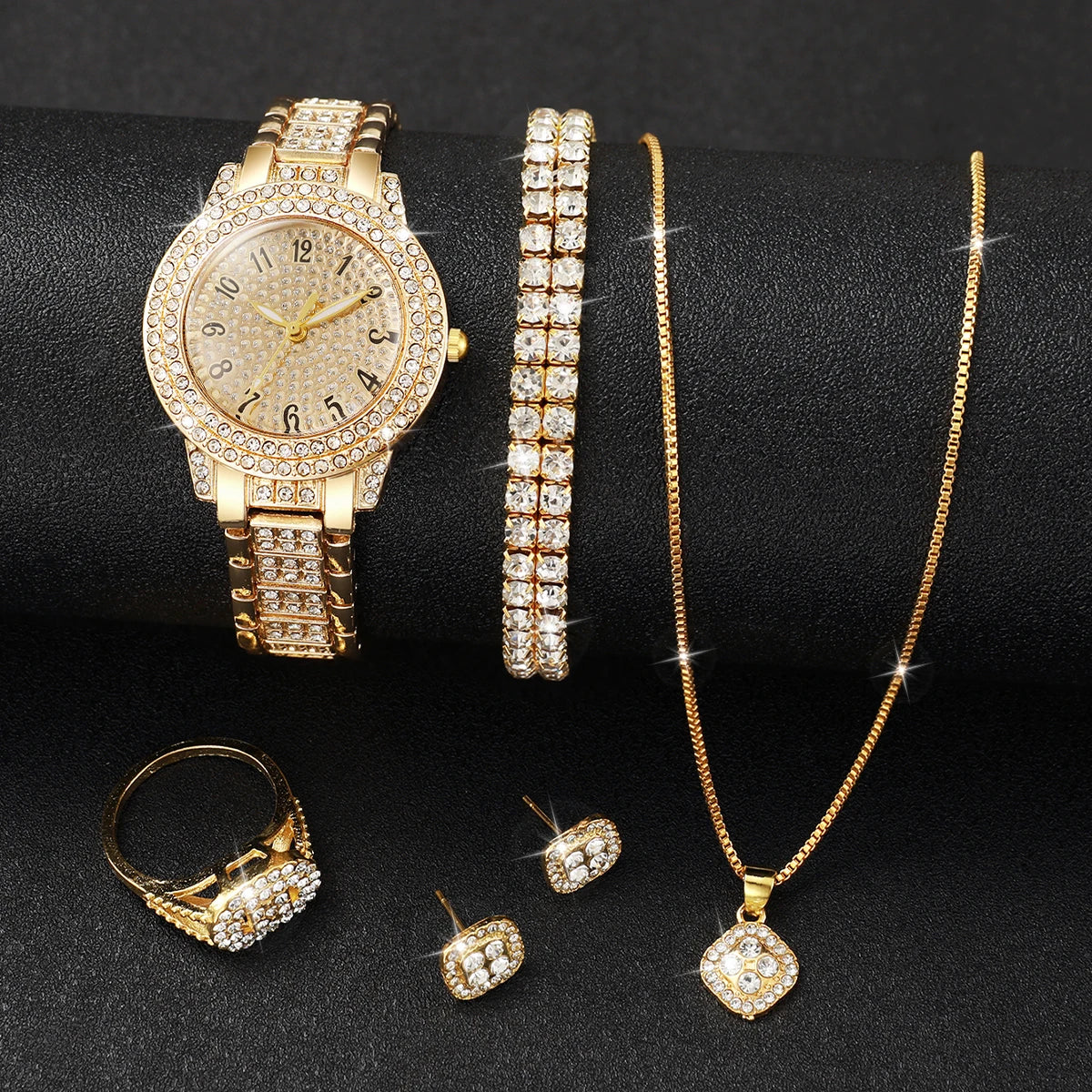 6PCS Fashion Full Diamond Women's Watch Gold Steel Band Analog Quartz Watches Jewelry Set(Without Box)