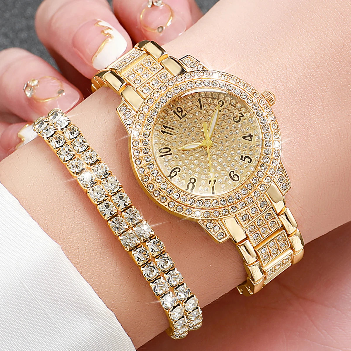 6PCS Fashion Full Diamond Women's Watch Gold Steel Band Analog Quartz Watches Jewelry Set(Without Box)