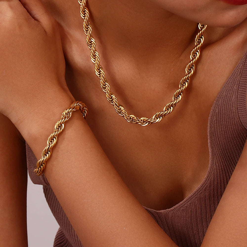 Tarnish Free Stainless Steel 18K Gold Plated Women's 8mm Chunky Gold Rope Chain Necklace and Bracelet