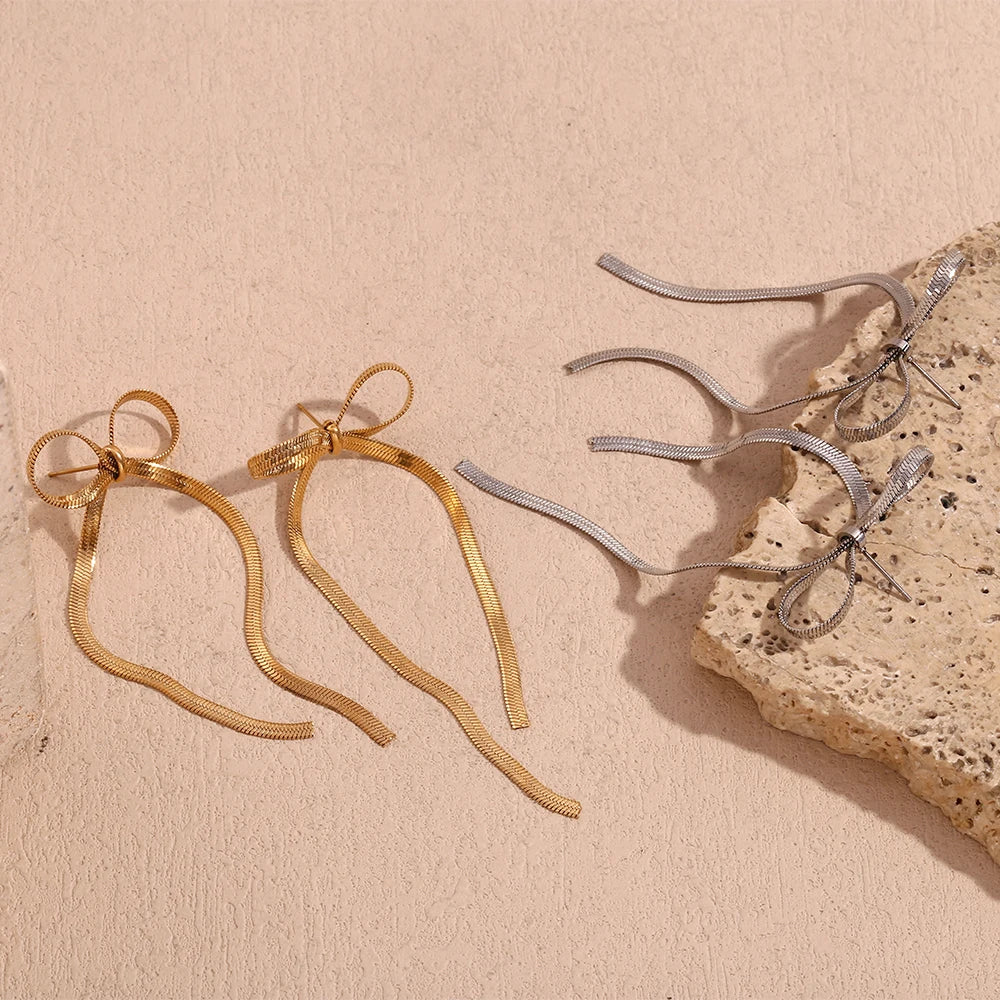 Dangly Blade Chain Bow Drop Earrings | Tarnish-Free 18K Gold Plated