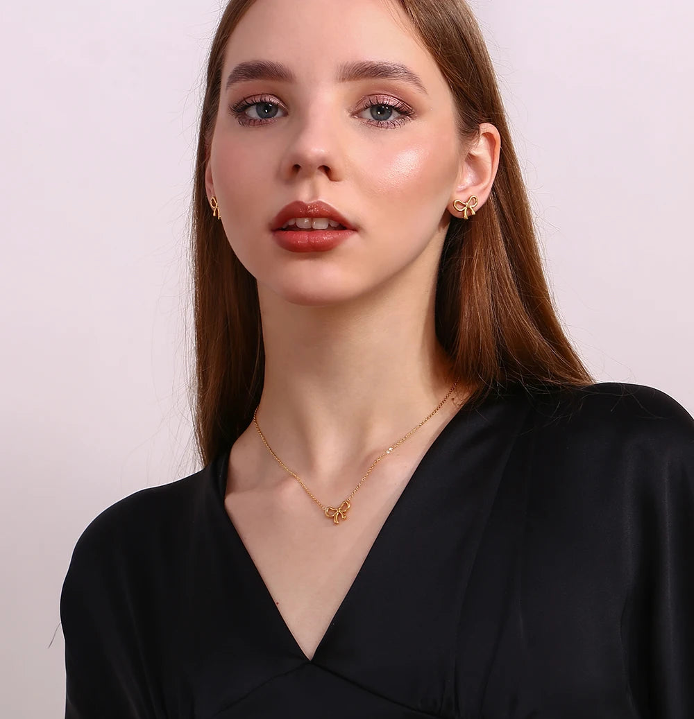 Tarnish Free 18K Gold Plated Simple Bow Earrings & Necklace Set