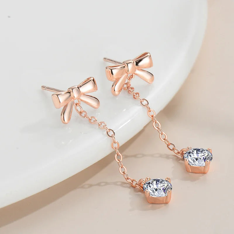 Bow Tassel Pendant Earrings - 0.5 Carat D Color Moissanite - Rose Gold-Plated Studs - Non-Fading Luxury Jewelry for Women - IceBoyDC Collection