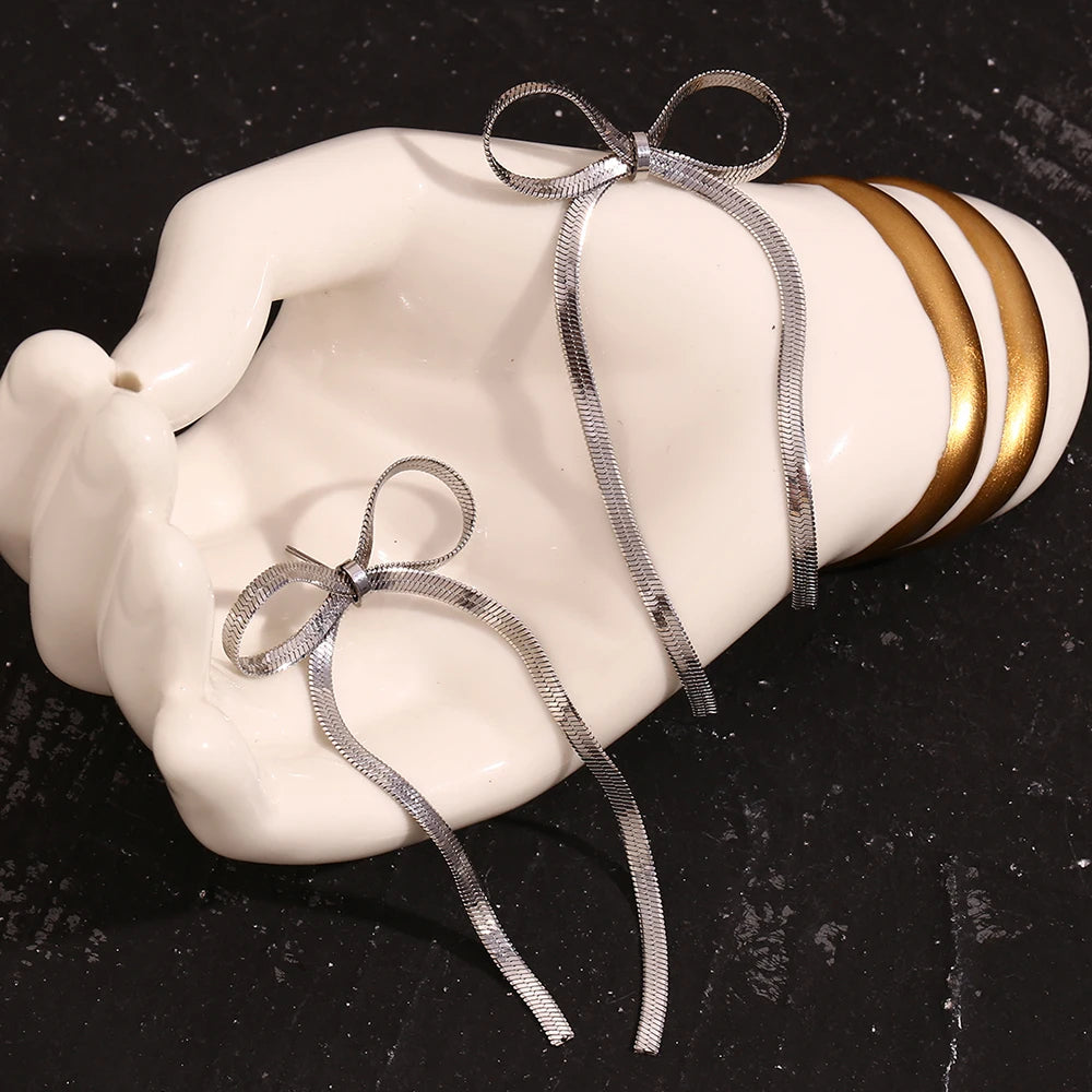 Dangly Blade Chain Bow Drop Earrings | Tarnish-Free 18K Gold Plated