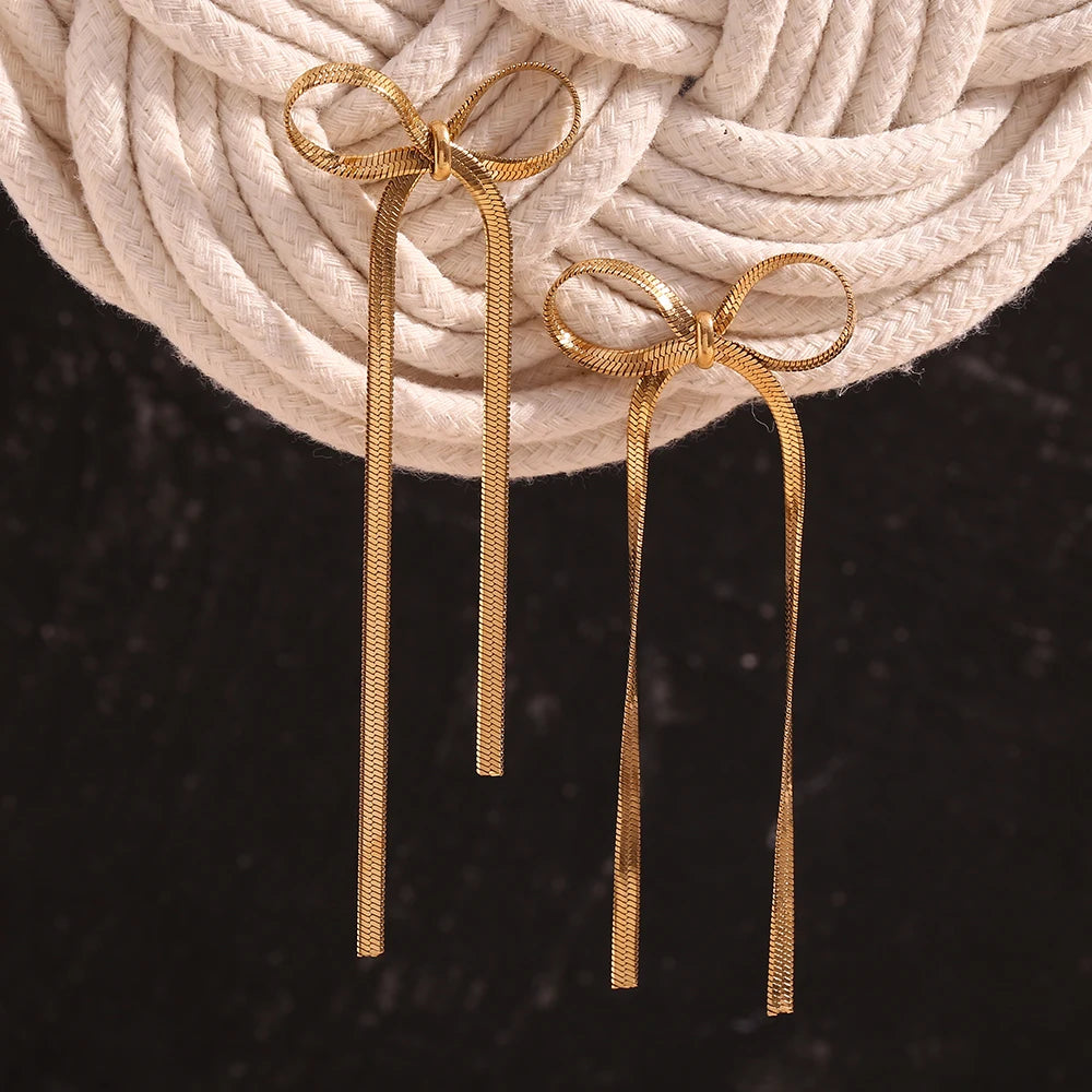 Dangly Blade Chain Bow Drop Earrings | Tarnish-Free 18K Gold Plated