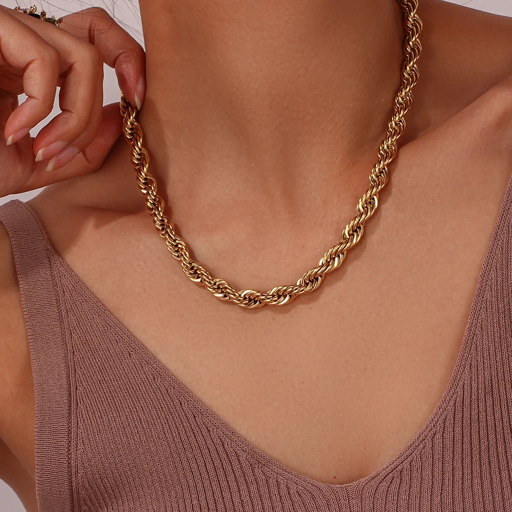 Tarnish Free Stainless Steel 18K Gold Plated Women's 8mm Chunky Gold Rope Chain Necklace and Bracelet