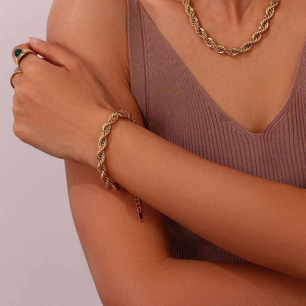 Tarnish Free Stainless Steel 18K Gold Plated Women's 8mm Chunky Gold Rope Chain Necklace and Bracelet