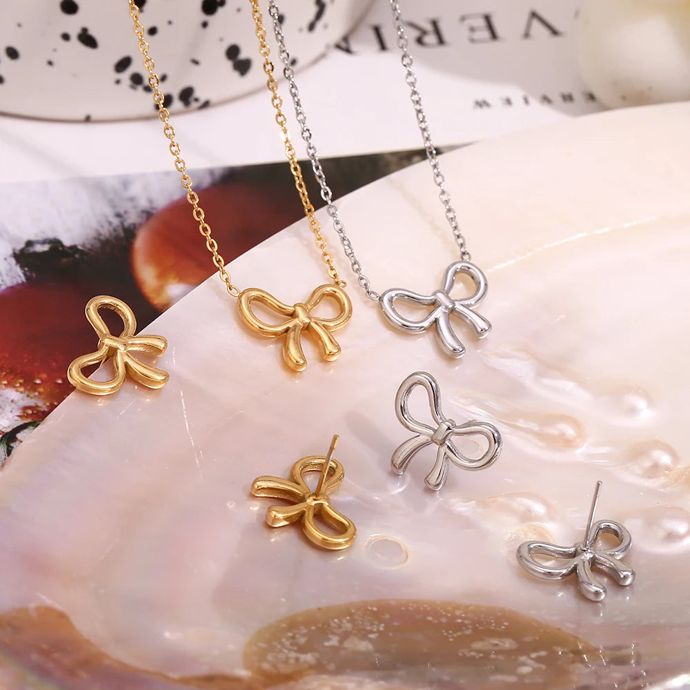 Tarnish Free 18K Gold Plated Simple Bow Earrings & Necklace Set