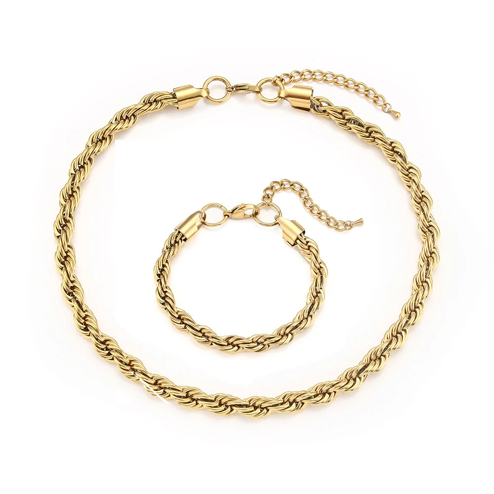 Tarnish Free Stainless Steel 18K Gold Plated Women's 8mm Chunky Gold Rope Chain Necklace and Bracelet