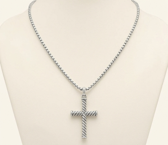 Twisted Rope Cross Necklace – 925 Sterling Silver Tarnish-Free Cross Pendant with 18” Box Chain
