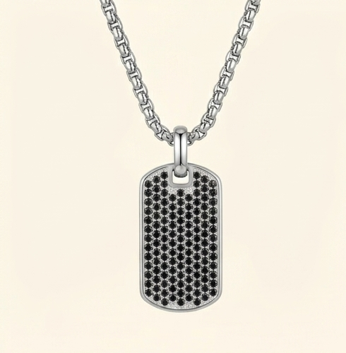 Silver Pavé Dog Tag Necklace 18 in. – 925 Sterling Silver Plated Tarnish