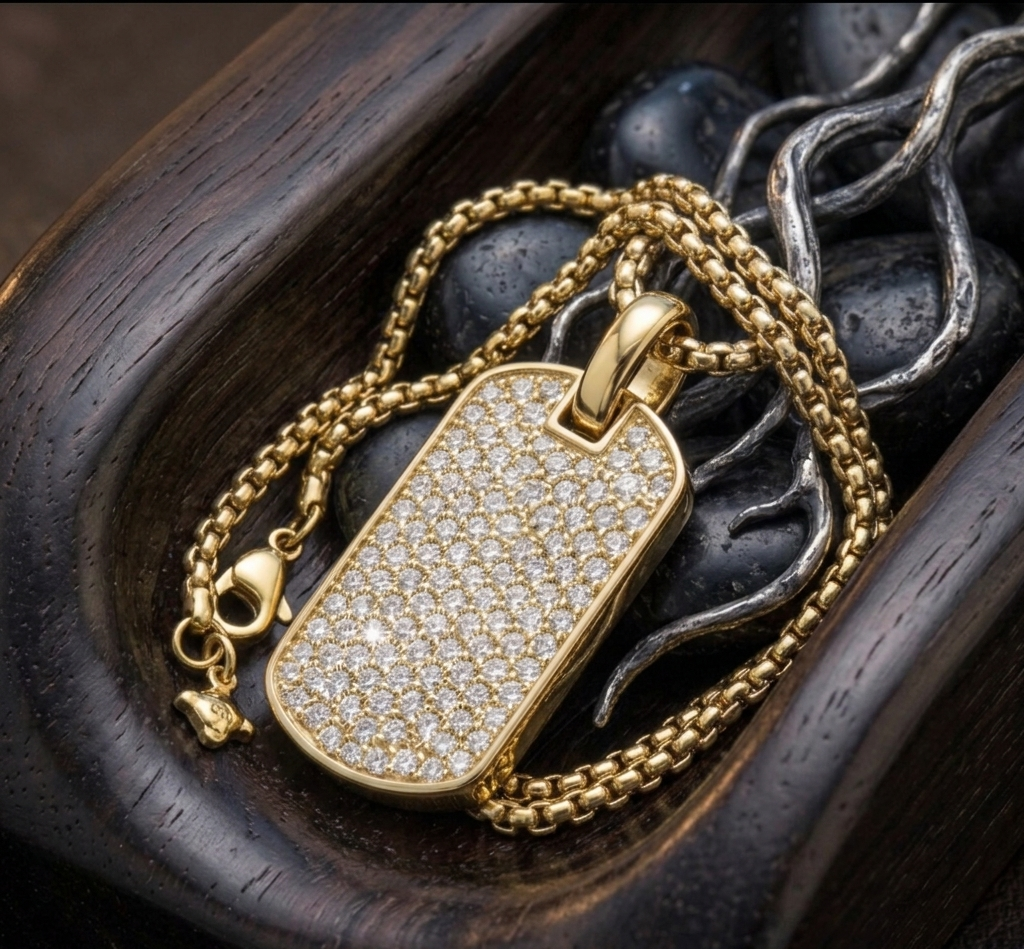 Gold Pavé Dog Tag Necklace 18 in.