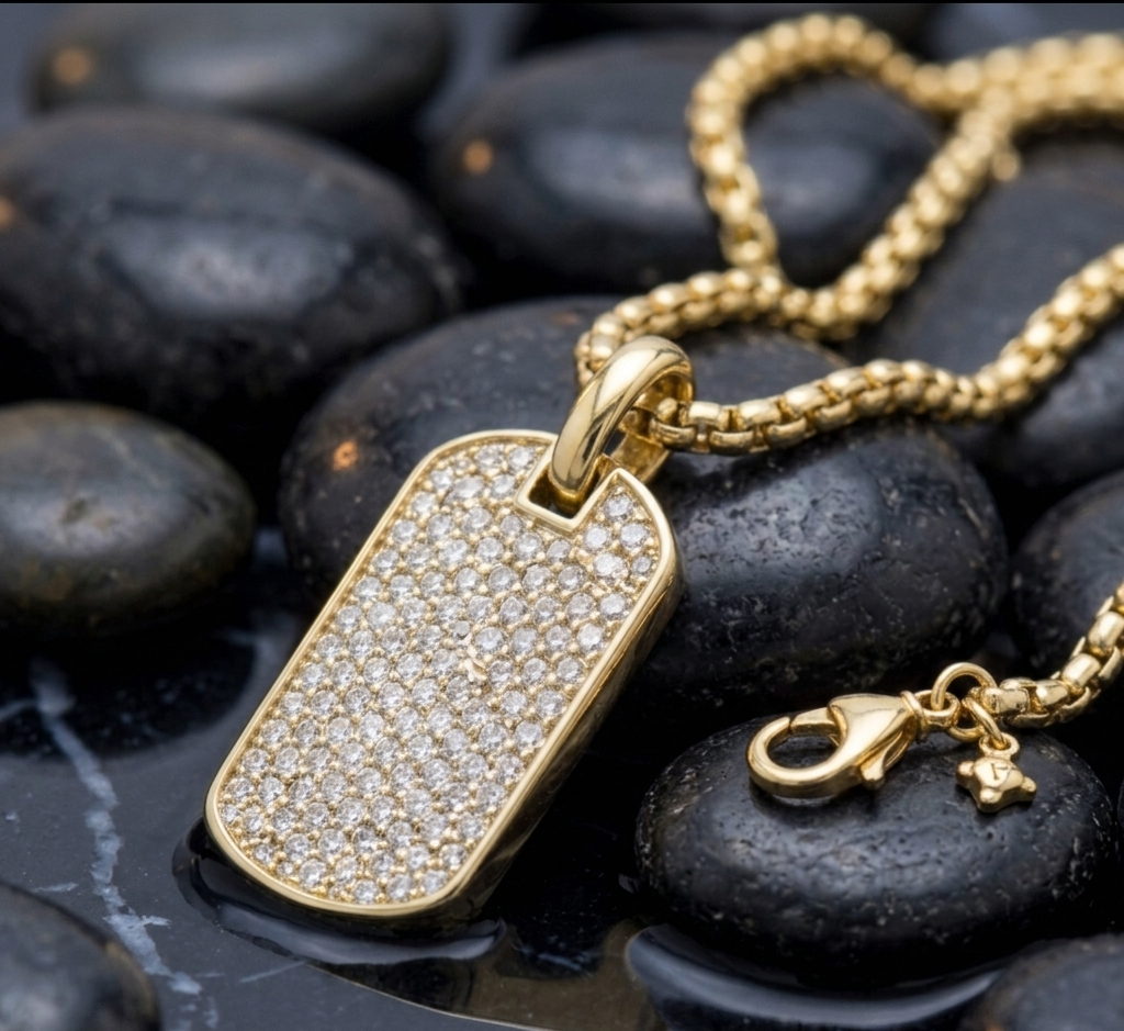 Gold Pavé Dog Tag Necklace 18 in.