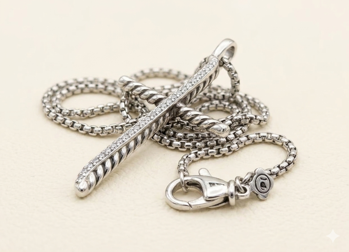 Diagonal Pavé Cross Necklace – 925 Sterling Silver Tarnish-Free CZ Cross Pendant with18 in.  Box Chain