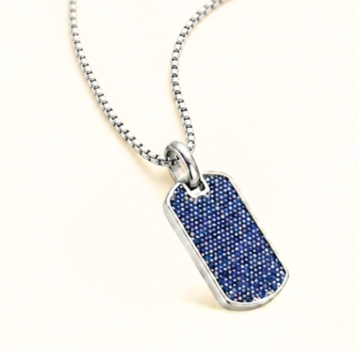 Blue Pavé Dog Tag Necklace 18 in. – 925 Sterling Silver Gold Plated Tarnish-Free Pendant Necklace