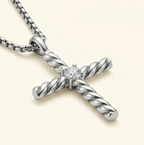 CZ Twisted Cross Necklace – 925 Sterling Silver Tarnish-Free Rope Cross Pendant with Box Chain