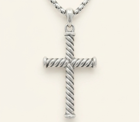 Twisted Rope Cross Necklace – 925 Sterling Silver Tarnish-Free Cross Pendant with 18” Box Chain