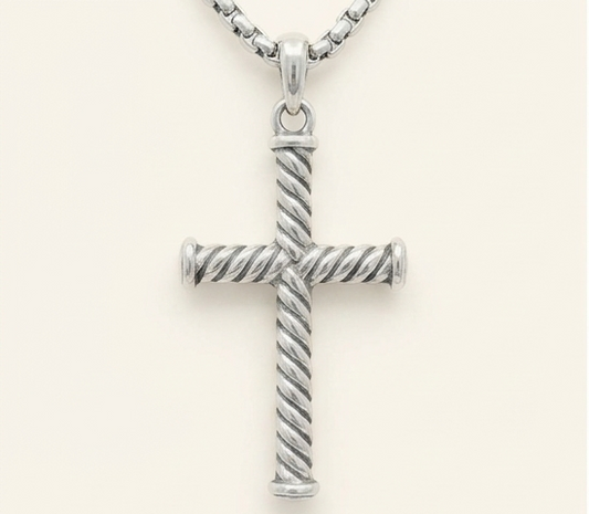 Twisted Rope Cross Necklace – 925 Sterling Silver Tarnish-Free Cross Pendant with 18” Box Chain