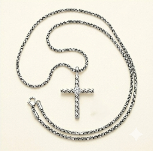 CZ Twisted Cross Necklace – 925 Sterling Silver Tarnish-Free Rope Cross Pendant with Box Chain