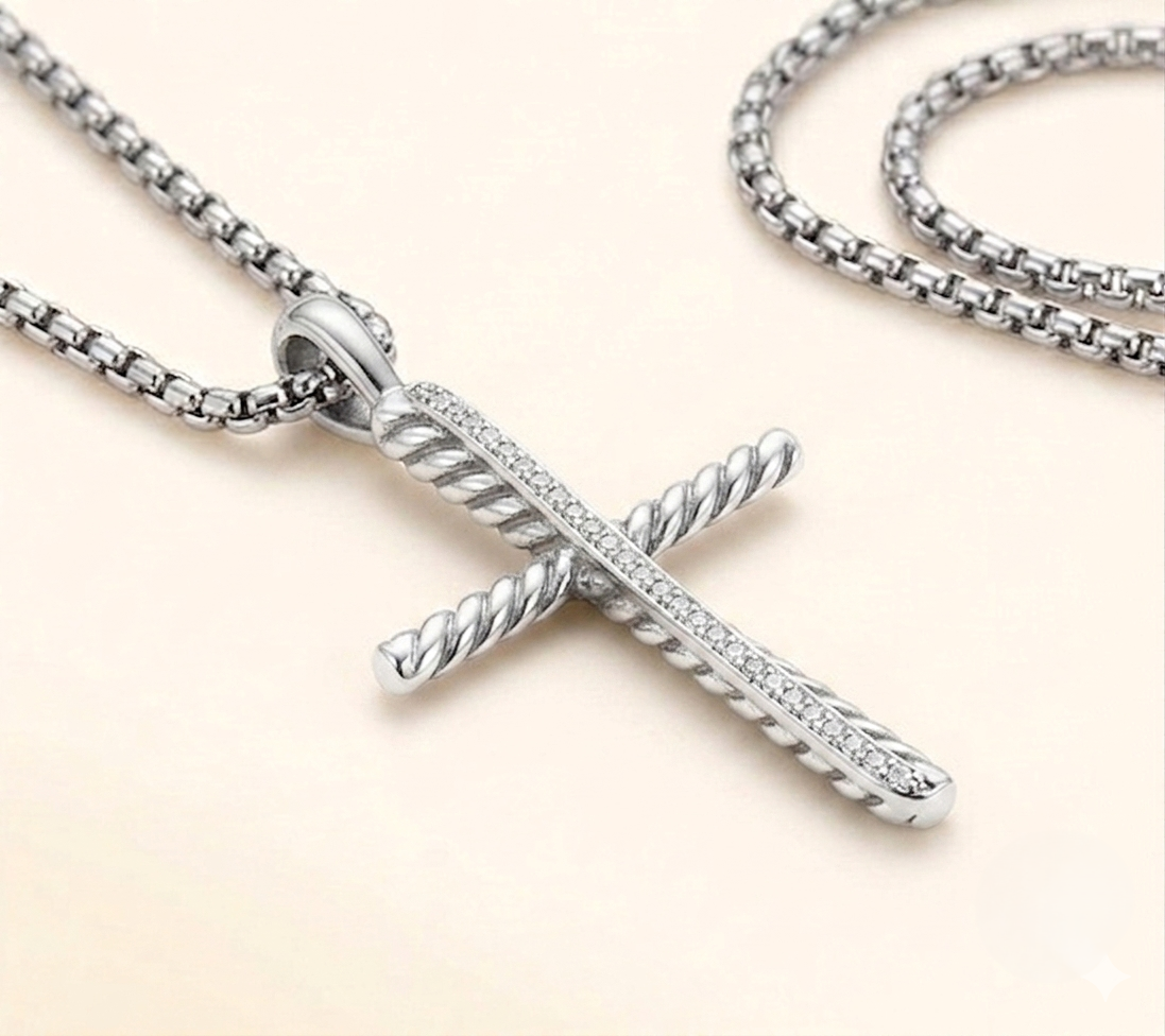 Diagonal Pavé Cross Necklace – 925 Sterling Silver Tarnish-Free CZ Cross Pendant with18 in.  Box Chain