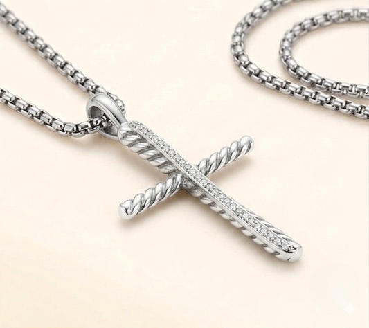 Diagonal Pavé Cross Necklace – 925 Sterling Silver Tarnish-Free CZ Cross Pendant with18 in.  Box Chain